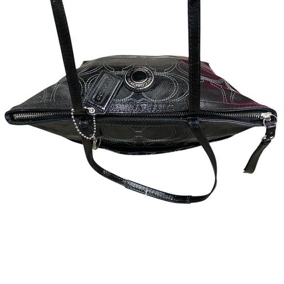 Coach Signature Stitch Patent Leather Tote Shoulder Bag Black White - Picture 12 of 14